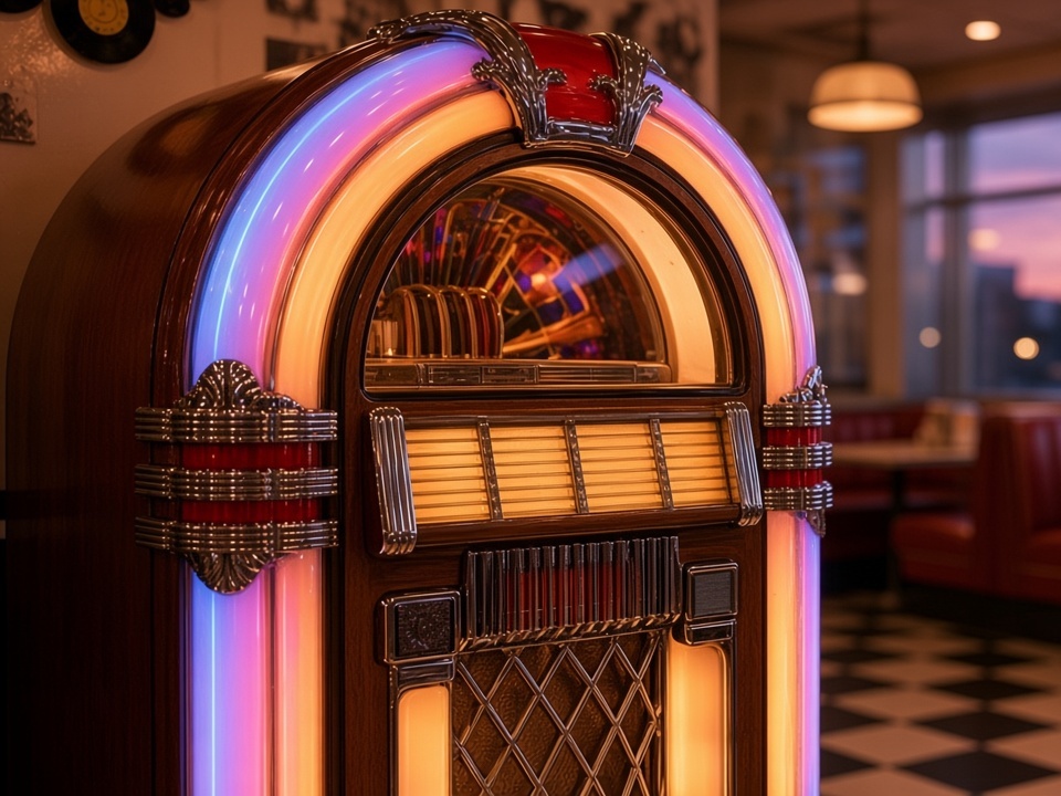 Glowing neon jukebox in a 50s diner