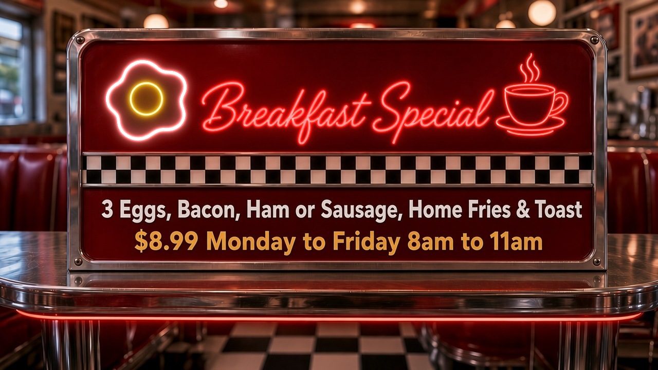 Breakfast Special, $8.99, Monday to Friday 8am to 11am