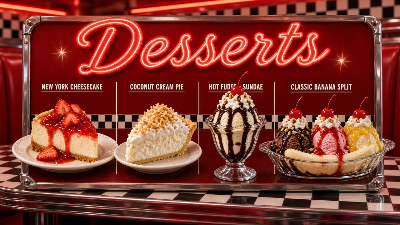 Cheesecake, coconut cream pie, hot fudge sundae and banana split