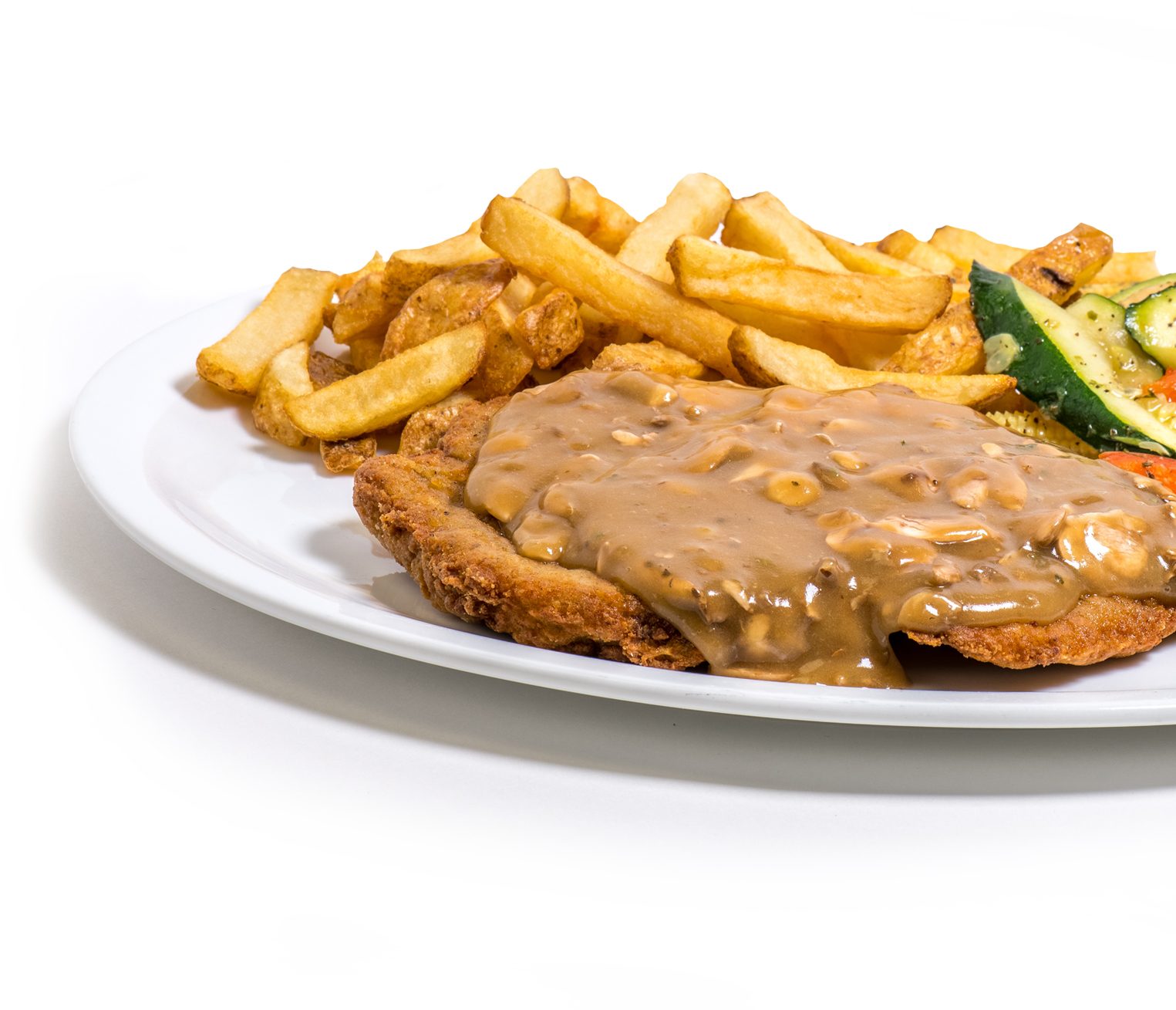 Breaded cutlet with gravy and fries